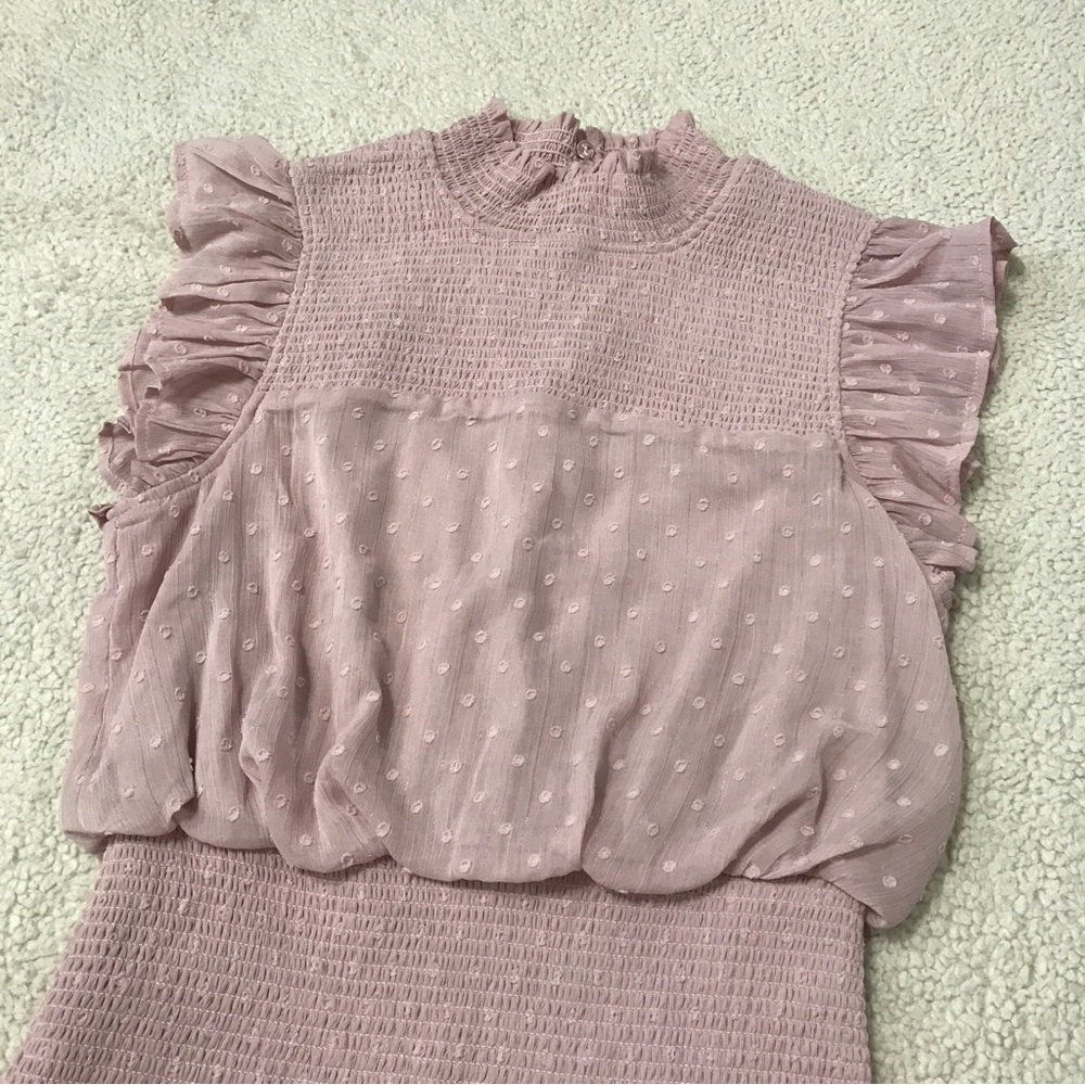 SOLD Aqua Mini Dress Flutter Sleeve Ruffle Smocked Pink Purple Pit to Pit 18โ ๐จ - Picture 3 of 14
